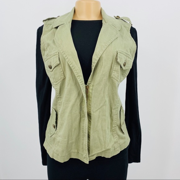Army Green Denim Zip Vest - Picture 2 of 6